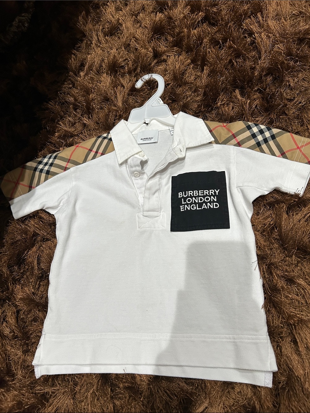 Burberry White Kids Polo with Signature Check Shoulder Panels